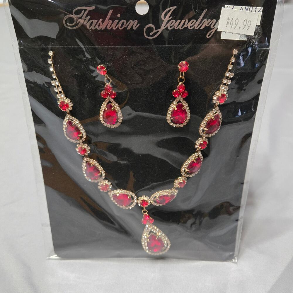 Ruby Red & Gold-Tone Teardrop Statement Jewelry Set